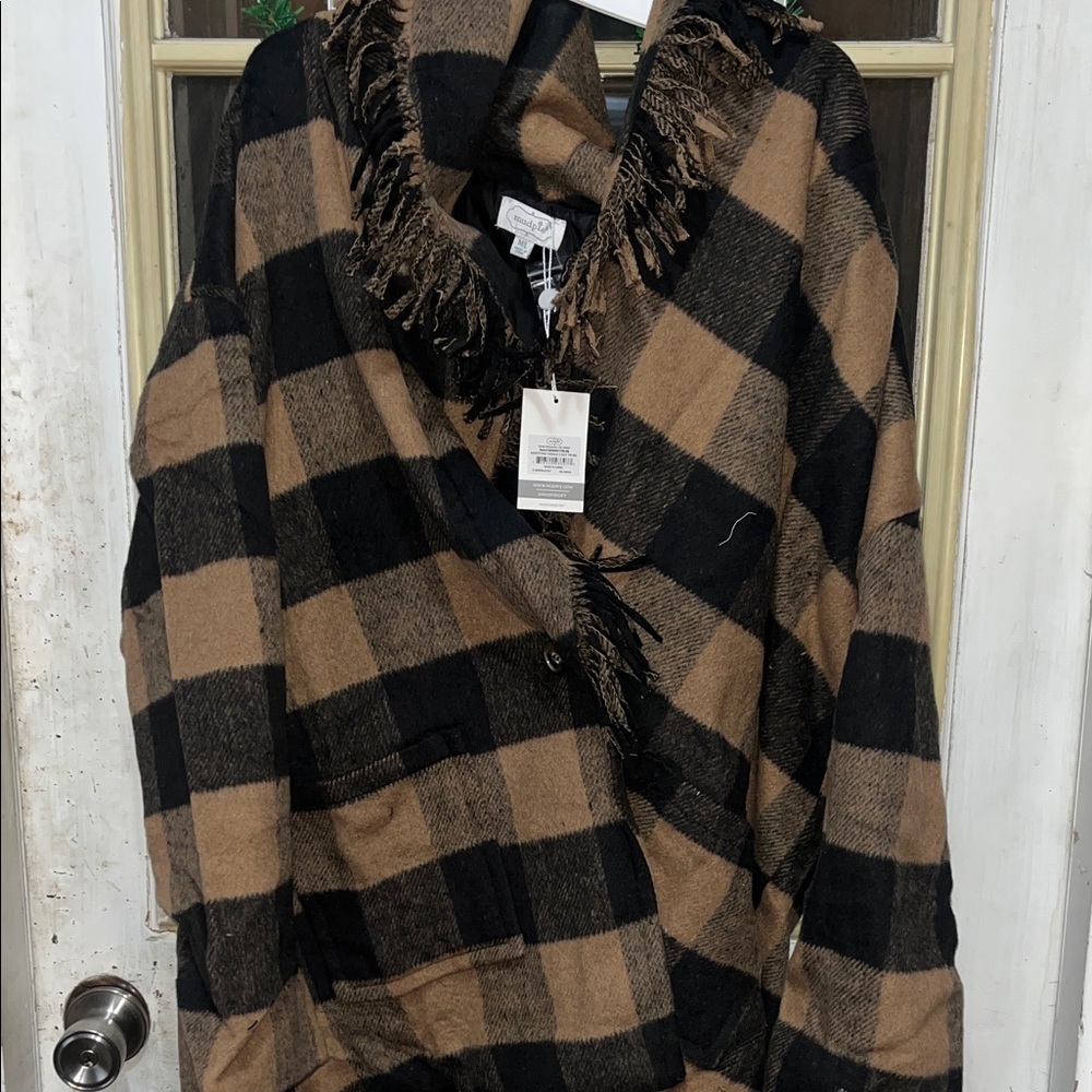 NWT Mud Pie Black and Tan Plaid Cape with Fringe